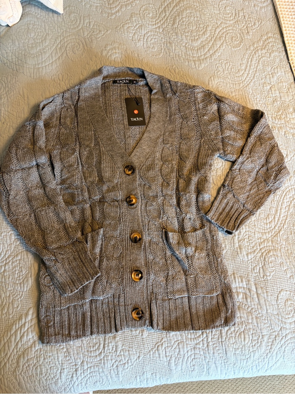 New Gray Cable Knit Button Cardigan Sweater